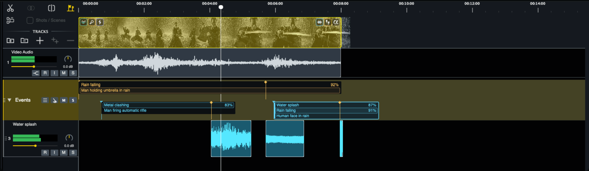 Audorama timeline editing view with fades, clips, events and video preview