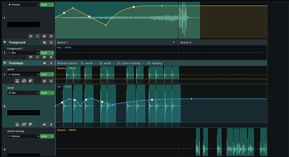 Two independently analysed Footstep source lanes with editable clips aligned to picture